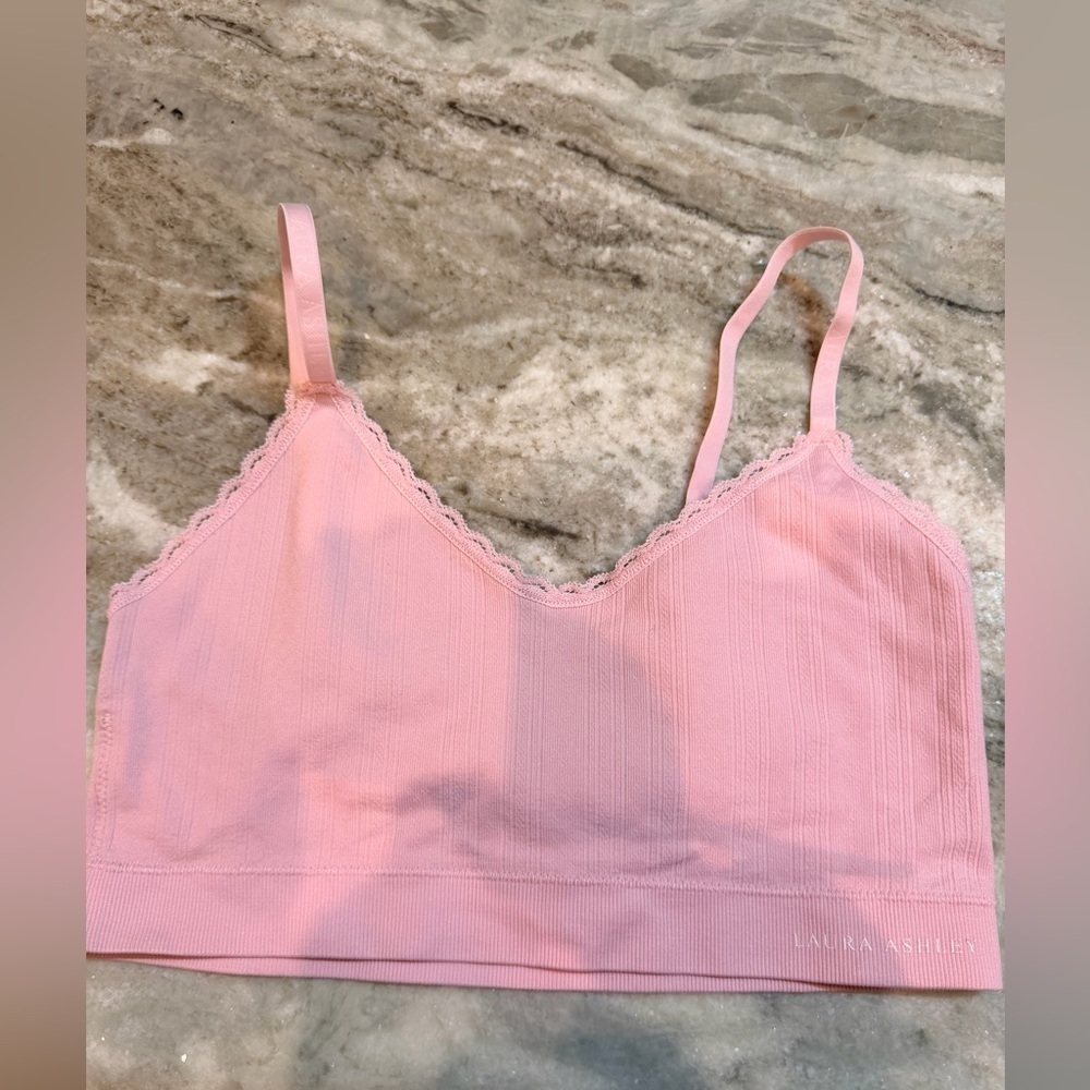 Laura Ashley Pink Ribbed Bralette Women’s L Lace Trim Wireless Bra